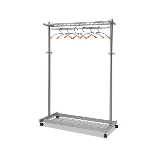 Garment Racks, Two-sided, 2-shelf Coat Rack, 6 Hanger-6 Hook, 44.8w X 21.67d X 70.8h, Silver Steel-wood