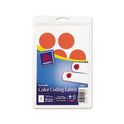 Printable Self-adhesive Removable Color-coding Labels, 1.25" Dia., Neon Red, 8-sheet, 50 Sheets-pack, (5497)
