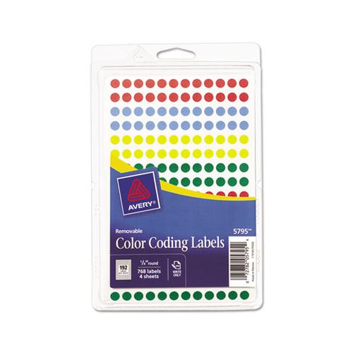 Handwrite Only Self-adhesive Removable Round Color-coding Labels, 0.25" Dia., Assorted, 192-sheet, 4 Sheets-pack, (5795)