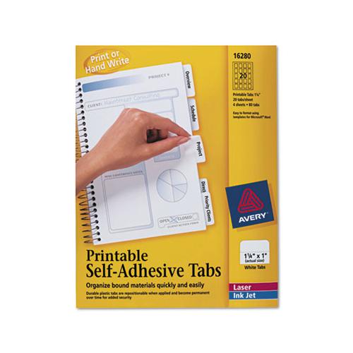 Printable Plastic Tabs With Repositionable Adhesive, 1-5-cut Tabs, White, 1.25" Wide, 96-pack