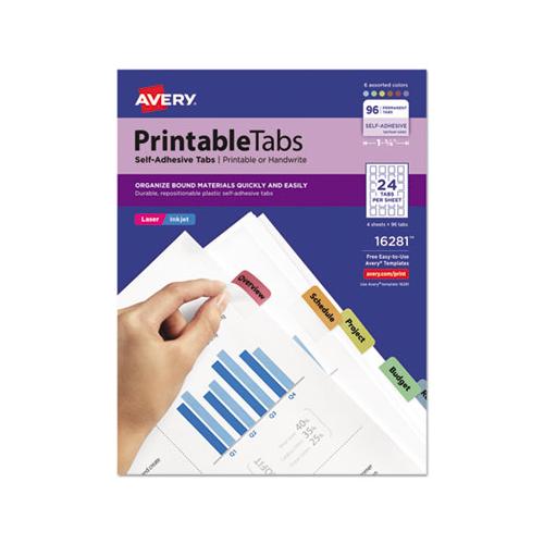 Printable Plastic Tabs With Repositionable Adhesive, 1-5-cut Tabs, Assorted Colors, 1.25" Wide, 96-pack