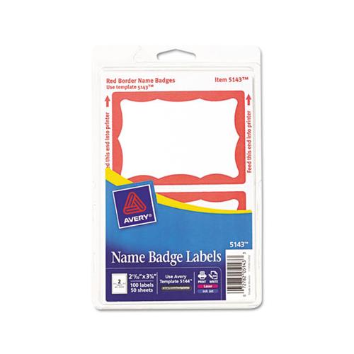 Printable Adhesive Name Badges, 3.38 X 2.33, Red Border, 100-pack