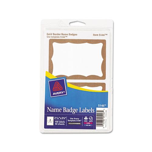 Printable Adhesive Name Badges, 3.38 X 2.33, Gold Border, 100-pack