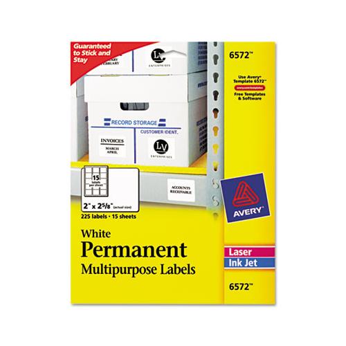 Permanent Id Labels W- Sure Feed Technology, Inkjet-laser Printers, 2 X 2.63, White, 15-sheet, 15 Sheets-pack