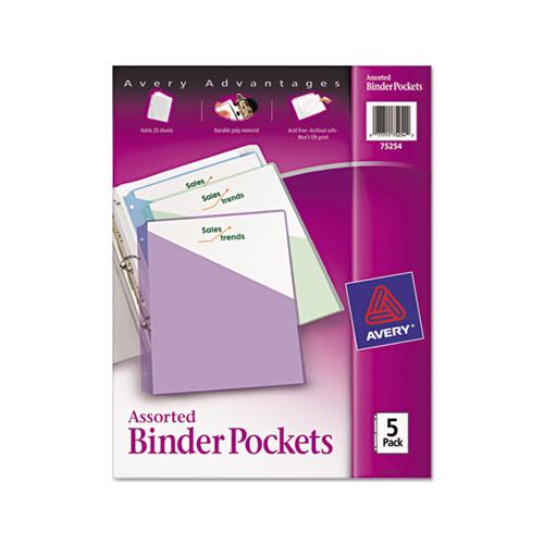Binder Pockets, 3-hole Punched, 9 1-4 X 11, Assorted Colors, 5-pack