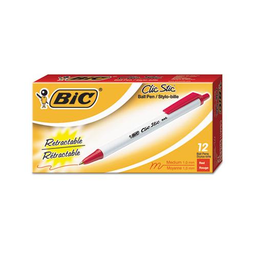 Clic Stic Retractable Ballpoint Pen, Medium 1 Mm, Red Ink, White Barrel, Dozen