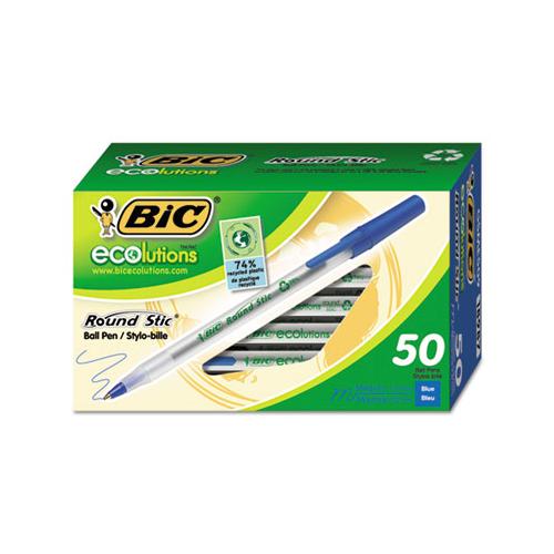 Ecolutions Round Stic Stick Ballpoint Pen, 1mm, Blue Ink, Clear Barrel, 50-pack