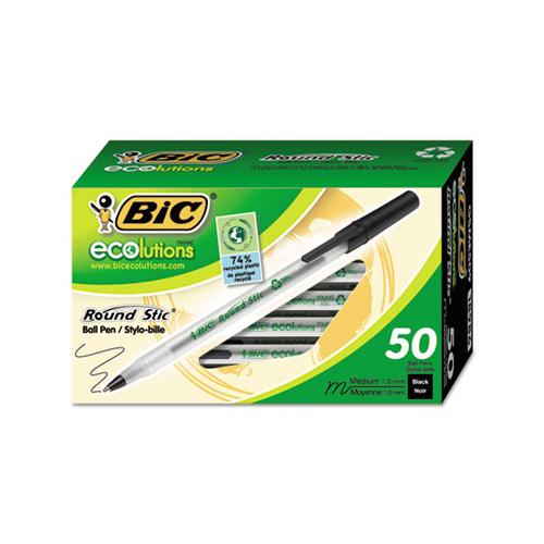 Ecolutions Round Stic Stick Ballpoint Pen, 1mm, Black Ink, Clear Barrel, 50-pack