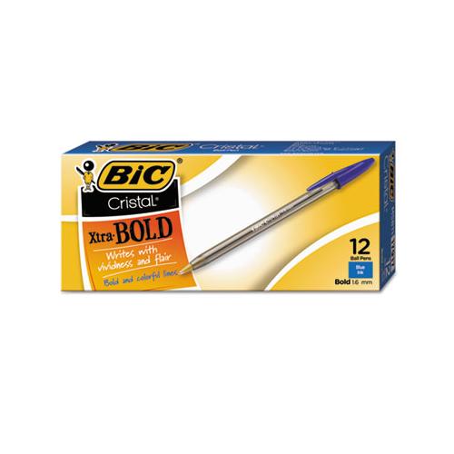 Cristal Xtra Bold Stick Ballpoint Pen, Bold 1.6mm, Blue Ink, Clear Barrel, Dozen