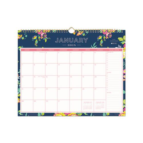 Day Designer Wirebound Wall Calendar, 15 X 12, Navy Floral, 2021