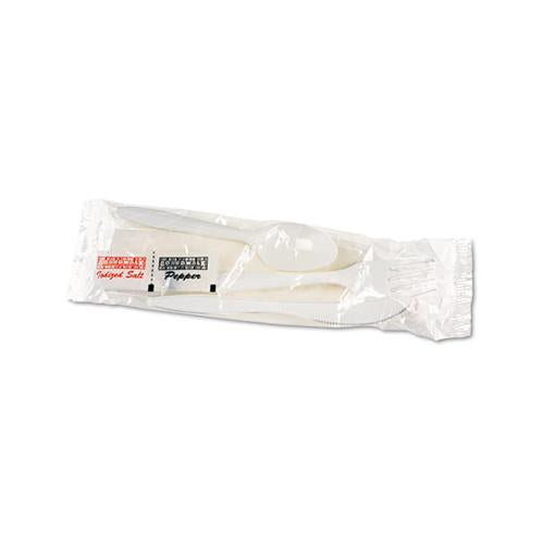 Cutlery Kit, Plastic Fork-spoon-knife-salt-polypropylene-napkin, White, 250-carton