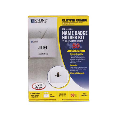 Name Badge Kits, Top Load, 3 1-2 X 2 1-4, Clear, Combo Clip-pin, 50-box