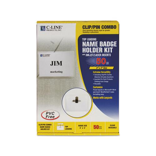 Name Badge Kits, Top Load, 4 X 3, Clear, Combo Clip-pin, 50-box