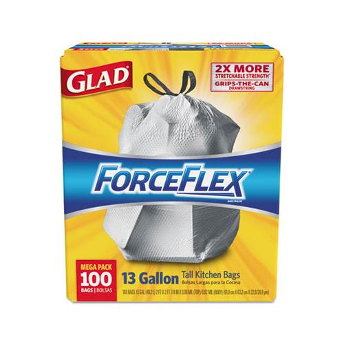Forceflexplus Tall Kitchen Drawstring Trash Bags, 13 Gal, 0.72 Mil, 23.75" X 24.88", White, 100-box