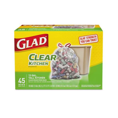 Recycling Tall Kitchen Drawstring Trash Bags, 13 Gal, 0.9 Mil, 24" X 27.38", Clear, 45-box