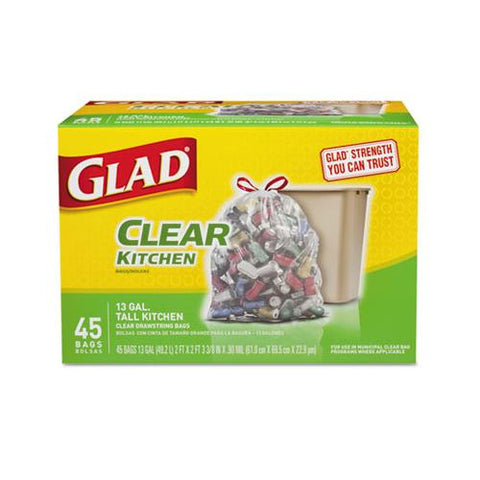 Recycling Tall Kitchen Drawstring Trash Bags, 13 Gal, 0.9 Mil, 24" X 27.38", Clear, 45-box
