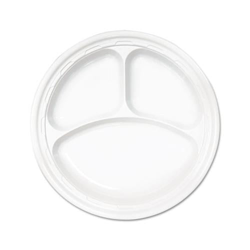 Famous Service Plastic Dinnerware, Plate, 3-comp, 10 1-4" Dia, White, 500-carton