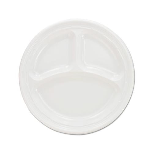 Plastic Plates, 9 Inches, White, 3 Compartments, Round, 125-pack