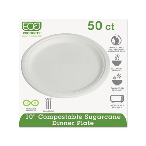 Compostable Sugarcane Dinnerware, 10" Plate, Natural White, 50-pack, 10 Pk-ctn