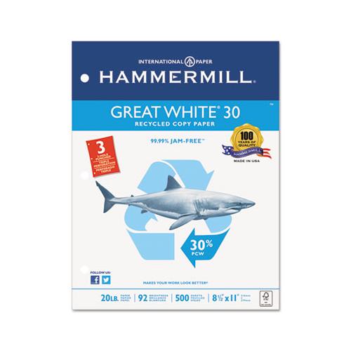 Great White 30 Recycled Print Paper, 92 Bright, 3hole, 20lb, 8.5 X 11, White, 500 Sheets-ream, 10 Reams-carton