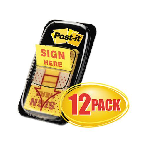 Arrow Message 1" Page Flags, Sign Here, Yellow, 50-dispenser, 12 Dispensers-pk