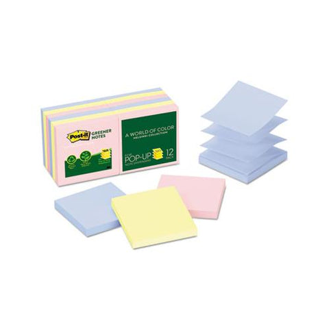 Recycled Pop-up Notes, 3 X 3, Assorted Helsinki Colors, 100-sheet, 12-pack