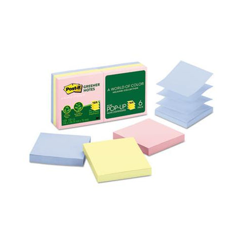 Recycled Pop-up Notes, 3 X 3, Assorted Helsinki Colors, 100-sheet, 6-pack