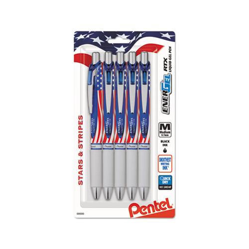 Energel Rtx Retractable Gel Pen, 0.7 Mm, Black Ink, Red-white-blue Barrel, 5-pack
