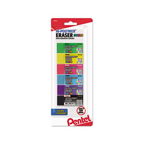 Hi-polymer Eraser, Rectangular, Medium, Assorted, Latex-free Hi-polymer, 6-pack