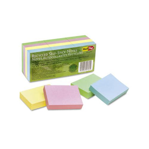 100% Recycled Notes, 1 1-2 X 2, Four Pastel Colors, 12 100-sheet Pads-pack