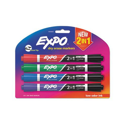 2-in-1 Dry Erase Markers, Broad-fine Chisel Tip, Assorted Colors, 4-pack