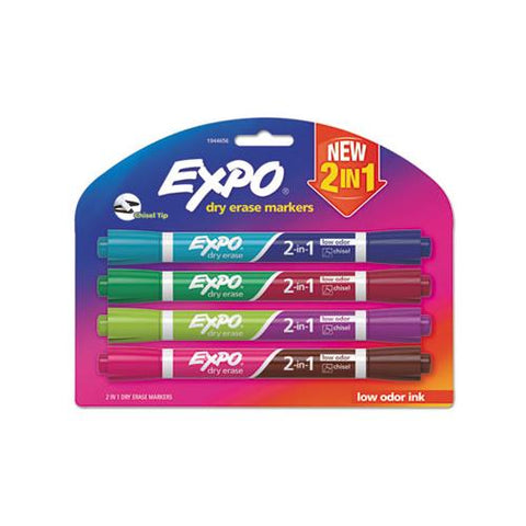 2-in-1 Dry Erase Markers, Broad-fine Chisel Tip, Assorted Colors, 4-pack