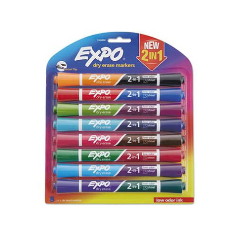 2-in-1 Dry Erase Markers, Broad-fine Chisel Tip, Assorted Colors, 8-pack