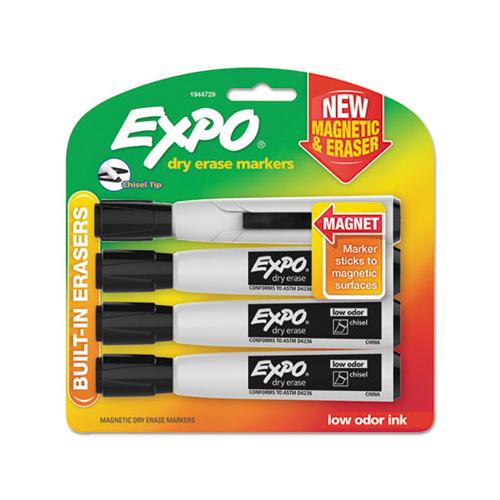 Magnetic Dry Erase Marker, Broad Chisel Tip, Black, 4-pack