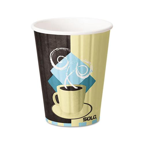 Duo Shield Insulated Paper Hot Cups, 12oz, Tuscan, Chocolate-blue-beige, 600-ct