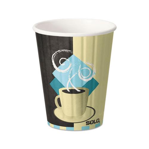 Duo Shield Hot Insulated 12oz Paper Cups, Tuscan, Chocolate-blue-beige, 40-pk