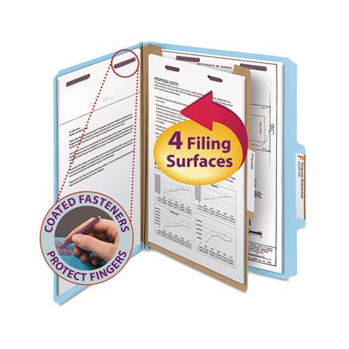 Four-section Pressboard Top Tab Classification Folders With Safeshield Fasteners, 1 Divider, Letter Size, Blue, 10-box