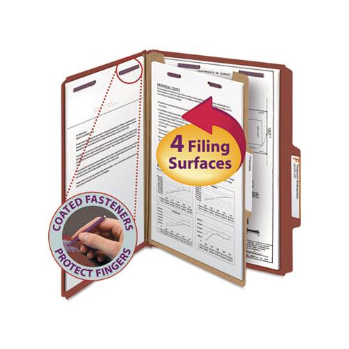Pressboard Classification Folders With Safeshield Coated Fasteners, 2-5 Cut, 1 Divider, Letter Size, Red, 10-box