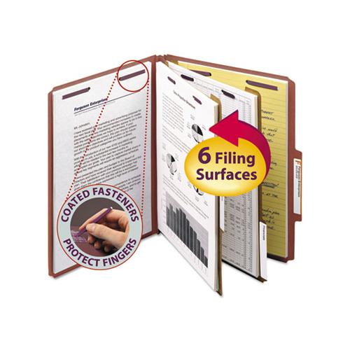 Pressboard Classification Folders With Safeshield Coated Fasteners, 2-5 Cut, 2 Dividers, Letter Size, Red, 10-box