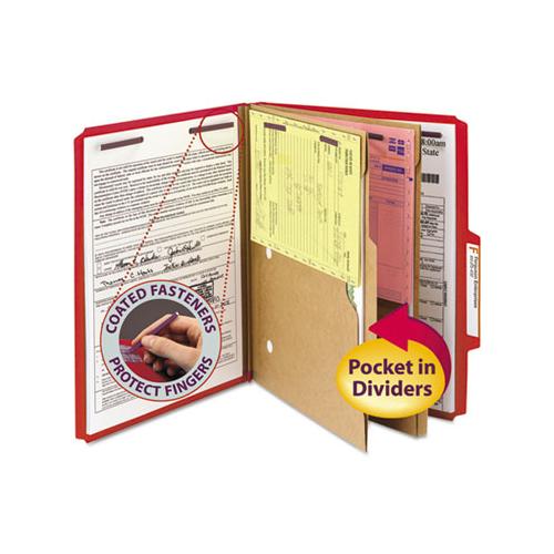 6-section Pressboard Top Tab Pocket-style Classification Folders With Safeshield Fasteners, 2 Dividers, Letter, Red, 10-box