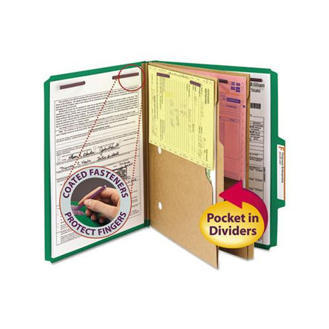 6-section Pressboard Top Tab Pocket-style Classification Folders With Safeshield Fasteners, 2 Dividers, Letter, Green, 10-box