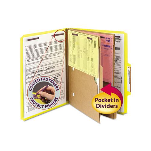 6-section Pressboard Top Tab Pocket-style Classification Folders With Safeshield Fasteners, 2 Dividers, Letter, Yellow, 10-bx