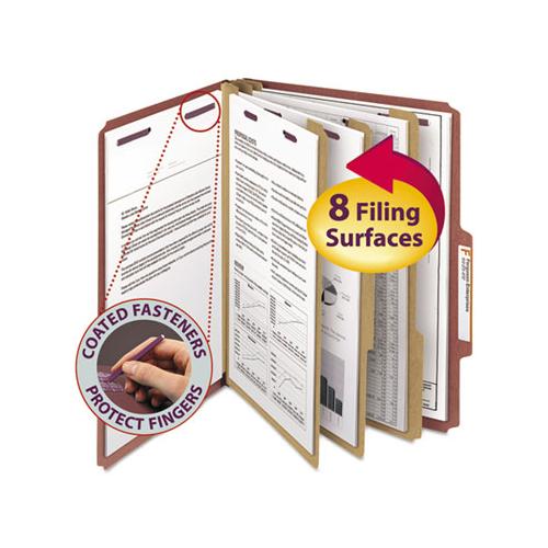 Pressboard Classification Folders With Safeshield Coated Fasteners, 2-5 Cut, 3 Dividers, Letter Size, Red, 10-box