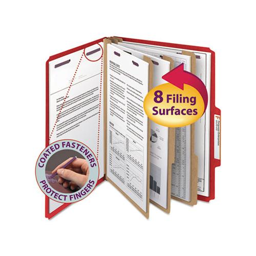 Eight-section Pressboard Top Tab Classification Folders With Safeshield Fasteners, 3 Dividers, Letter Size, Bright Red, 10-bx