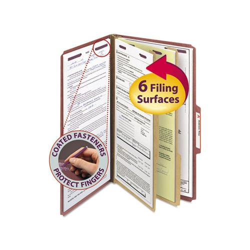 Pressboard Classification Folders With Safeshield Coated Fasteners, 2-5 Cut, 2 Dividers, Legal Size, Red, 10-box
