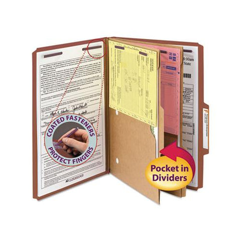 6-section Pressboard Top Tab Pocket-style Classification Folders With Safeshield Fasteners, 2 Dividers, Legal, Red, 10-box