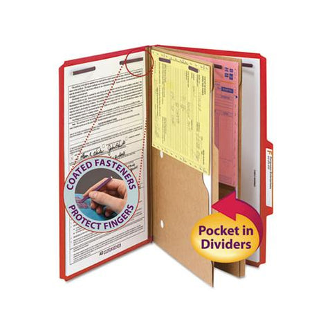 6-section Pressboard Top Tab Pocket-style Classification Folders With Safeshield Fasteners, 2 Dividers, Legal, Red, 10-bx