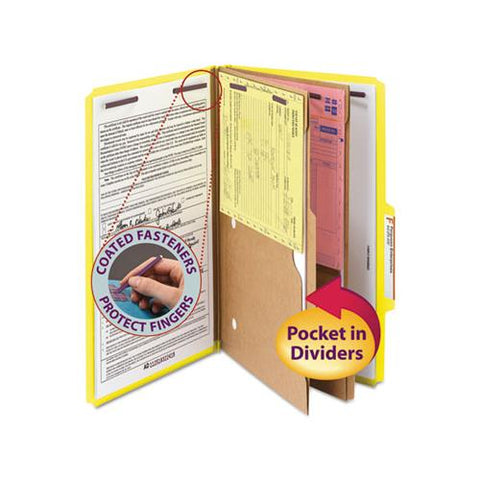 6-section Pressboard Top Tab Pocket-style Classification Folders With Safeshield Fasteners, 2 Dividers, Legal, Yellow, 10-bx