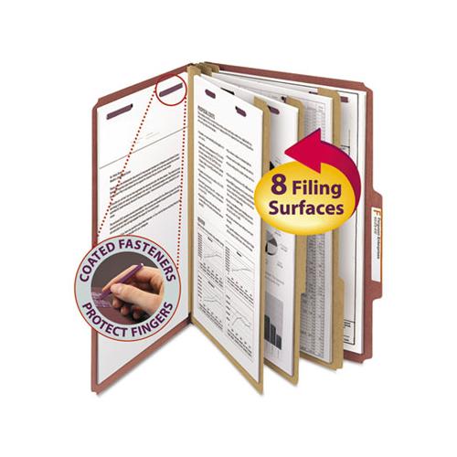 Pressboard Classification Folders With Safeshield Coated Fasteners, 2-5 Cut, 3 Dividers, Legal Size, Red, 10-box