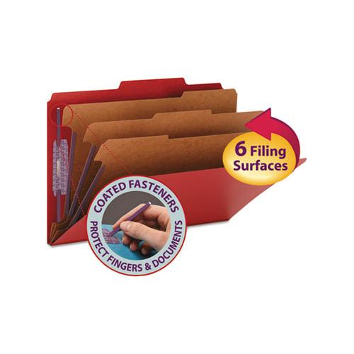 Eight-section Pressboard Top Tab Classification Folders With Safeshield Fasteners, 3 Dividers, Legal Size, Bright Red, 10-box